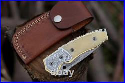 SHOKUNIN USA Forged Damascus Pocket Knife Liner Lock Bone Handle With Sheath