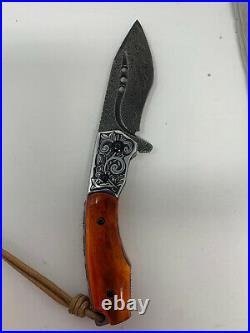 SPIRIT DEED VG10 Damascus Steel Folding Pocket Knife Bone Handle Leather Sheath