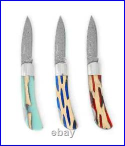 Santa Fe Stoneworks Natural Stabilized Cholla Cactus Damascus Lockback Blue