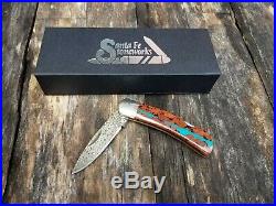 Santa Fe Stoneworks perfect turquoise vein Damascus steel folding knife USA made
