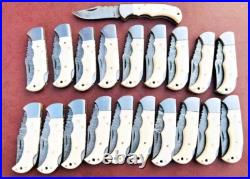 Set Of 50pcs, Handmade Damascus Folding Knives, Bone Handle With Sheath