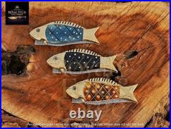 Set of 3 Damascus Steel Folding Knives Brass Bolster Horn Handle Handmade