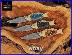 Set of 3 Damascus Steel Folding Knives Brass Bolster Horn Handle Handmade