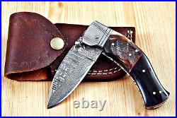 Set of 6 Damascus Steel Folding Pocket Knives With Leather Cover