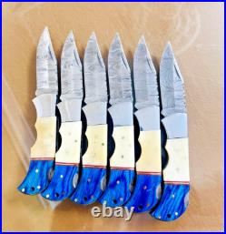 Set of 6 Handmade Damascus Steel Folding Knives Bone & Blue Resin Handle