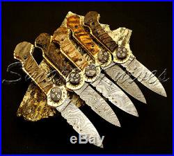 Set of Five Knives Hand Made Damascus Steel Pocket Knife, Folding Knife Ram Horn