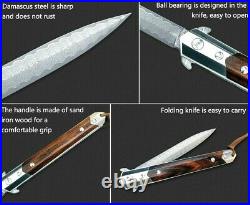Spear Point Folding Knife Hunting Tactical Survival Damascus Steel Wood Handle S