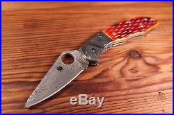 Spyderco C11JBOP Delica Folding Knife Damascus Blade, Orange Jigged Bone Handles