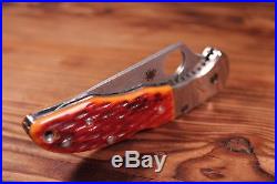 Spyderco C11JBOP Delica Folding Knife Damascus Blade, Orange Jigged Bone Handles