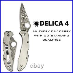 Spyderco Delica Titanium Damascus Plain Edge with Zippered Case C11TIPD