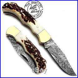 Stag Horn 6.5'' 100% Handmade Damascus Steel Folding Pocket Knife 100% Prime