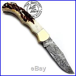 Stag Horn 6.5'' 100% Handmade Damascus Steel Folding Pocket Knife 100% Prime