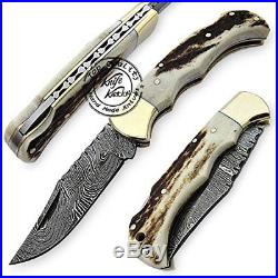 Stag Horn 6.5'' 100% Handmade Damascus Steel Folding Pocket Knife 100% Prime Qua