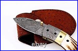 Stag Horn Thumb Damascus Steel Folding Pocket Knife 3.5 Folded 6.25 Open