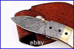 Stag Horn Thumb Damascus Steel Folding Pocket Knife 3.5 Folded 6.25 Open