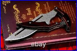 Straightback Folding Knife Pocket Hunting Survival Damascus Steel Wood Handle 4