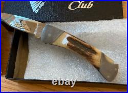 Stunning Buck 505 Knight Bcci Club Stag Damascus Knife Never Used In Box N21