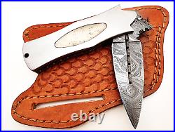 Stunning Custom Handcrafted Damascus Steel Folding Knife Camel Bone Handle