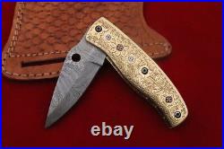 Stunning Fully Engraved Hand Crafted Damascus Steel Brass Pocket Folding Knife