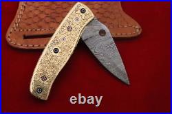 Stunning Fully Engraved Hand Crafted Damascus Steel Brass Pocket Folding Knife