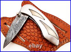 Stunning Handcrafted Custom Damascus Steel Folding Knife Camel Bone & Steel