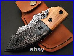 Stunning Made Custom Handmade Damascus Pocket Folding Knife Olive wood Handle