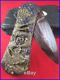 Suchat Custom Folding Knife Damascus Steel Engraving Black Pearl Dragon Art k01