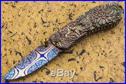 Suchat Jangtanon Folding Knife Mosaic Damascus Carved Flower Black Pearl Garnet
