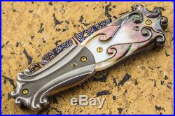 Suchat Jangtanon Folding Knife Mosaic Damascus Dagger Black Pearl Titanium Topaz