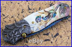 Suchat Jangtanong Custom Folding Knife Color Damascus Black Pearl Flower Carved