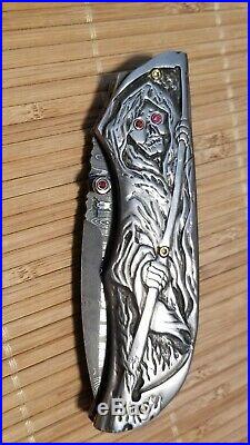 Suchat Jangtanong Custom Folding Knife Damascus Blade Carved Scales S/S & Ti