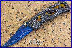 Suchat Jangtanong Custom Folding Knife Damascus Steel Carved as Grasshopper Gem