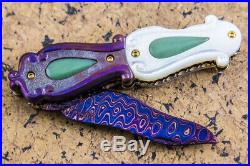 Suchat Jangtanong Custom Folding Knife Damascus Titanium Anodized Jade inset