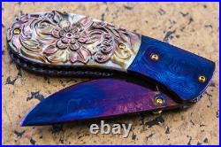 Suchat Jangtanong Custom Folding Knife Damascus Titanium Carved Black Pearl Gem