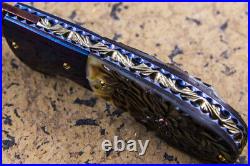 Suchat Jangtanong Custom Folding Knife Damascus Titanium Carved Black Pearl Gem