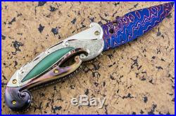 Suchat Jangtanong Custom Folding Knife Damascus Titanium Jade inset Black Pearl