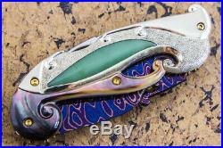 Suchat Jangtanong Custom Folding Knife Damascus Titanium Jade inset Black Pearl