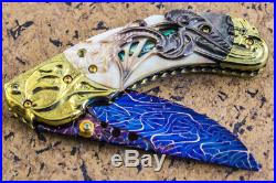 Suchat Jangtanong Custom Folding Knife Mosaic Damascus Black Pearl Flower Carved
