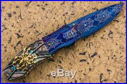 Suchat Jangtanong Custom Folding Knife Mosaic Damascus Carved Spider inset Gem