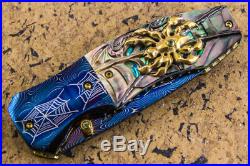 Suchat Jangtanong Custom Folding Knife Mosaic Damascus Carved Spider inset Gem
