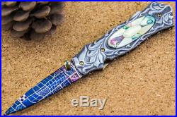 Suchat Jangtanong Custom Folding Knife Mosaic Damascus Fully Carved Handle Topaz