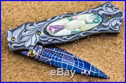 Suchat Jangtanong Custom Folding Knife Mosaic Damascus Fully Carved Handle Topaz