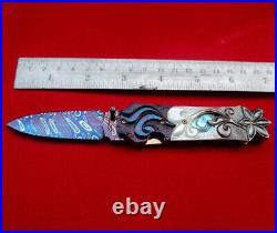 Suchat Jangtanong Custom Folding Knife Mosaic Damascus Steel Abalone carve Pearl
