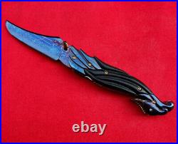 Suchat Jangtanong Custom Folding Knife Mosaic Damascus Steel Black wood carving