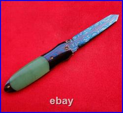 Suchat Jangtanong Custom Folding Knife Mosaic Damascus Steel genuine jade green