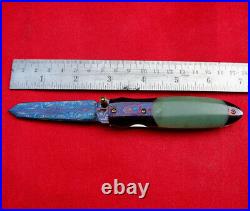 Suchat Jangtanong Custom Folding Knife Mosaic Damascus Steel genuine jade green