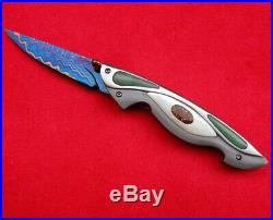 Suchat Knives Custom Folding Knife Damascus Steel White Pearl Shell Fossils jade