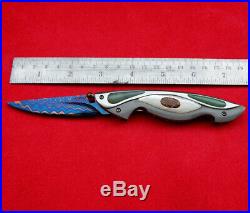 Suchat Knives Custom Folding Knife Damascus Steel White Pearl Shell Fossils jade