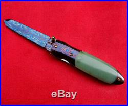 Suchat Knives Custom Folding Knife Mosaic Damascus Steel jade green genuine gem