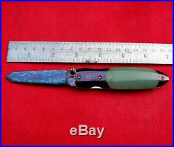 Suchat Knives Custom Folding Knife Mosaic Damascus Steel jade green genuine gem